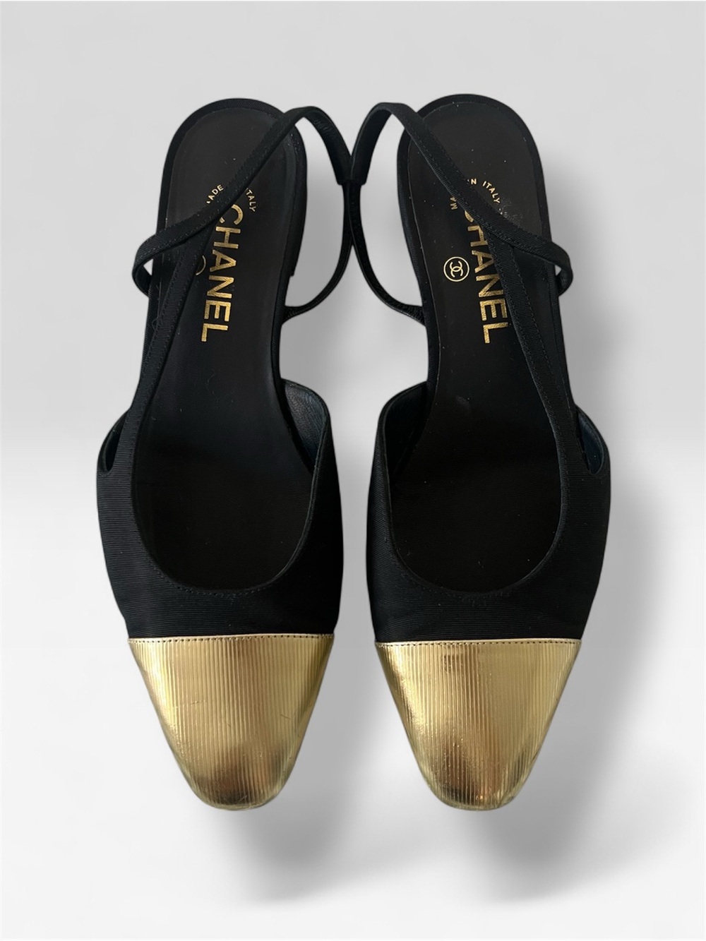 CHANEL Black Grosgrain Fabric with Gold Leather Slingback Pumps (Size 39 1/2)